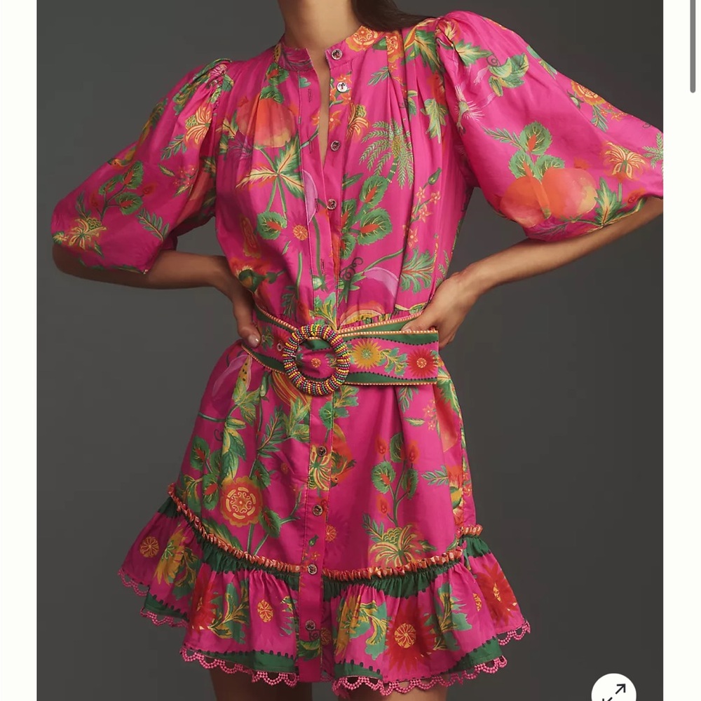 NWOT FARM Rio Pink Floral Mini Dress with Green and Orange Accents